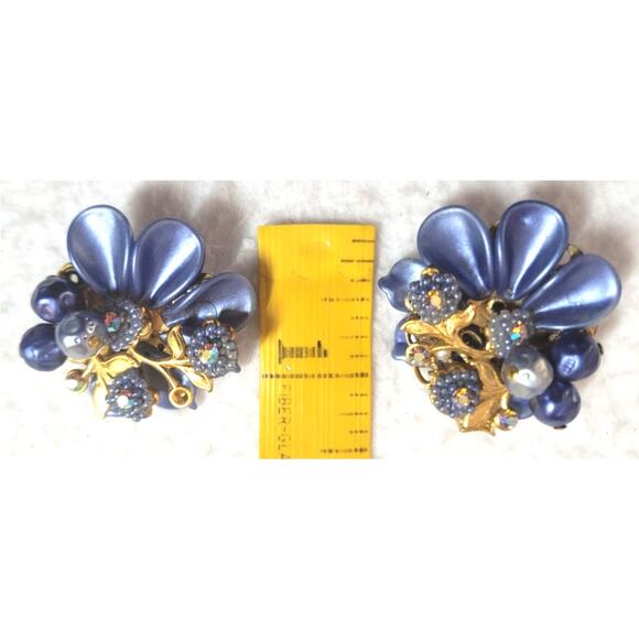 Vtg 1950s Glamorous Hollywood Celluloid Floral Statement Blue Clip On Earrings - Picture 3 of 5